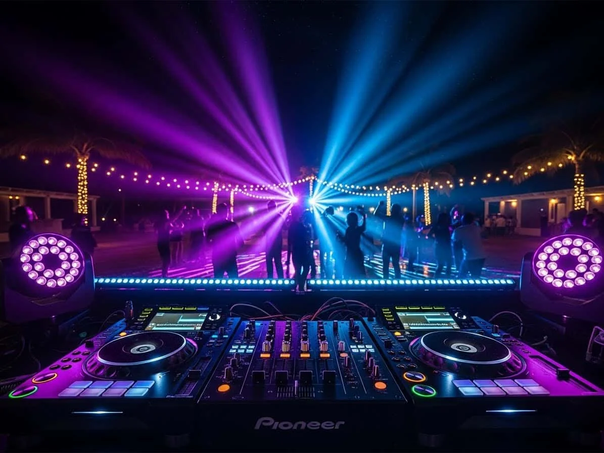 Cabina DJ Pioneer con iluminacion REDEIL en fiesta privada