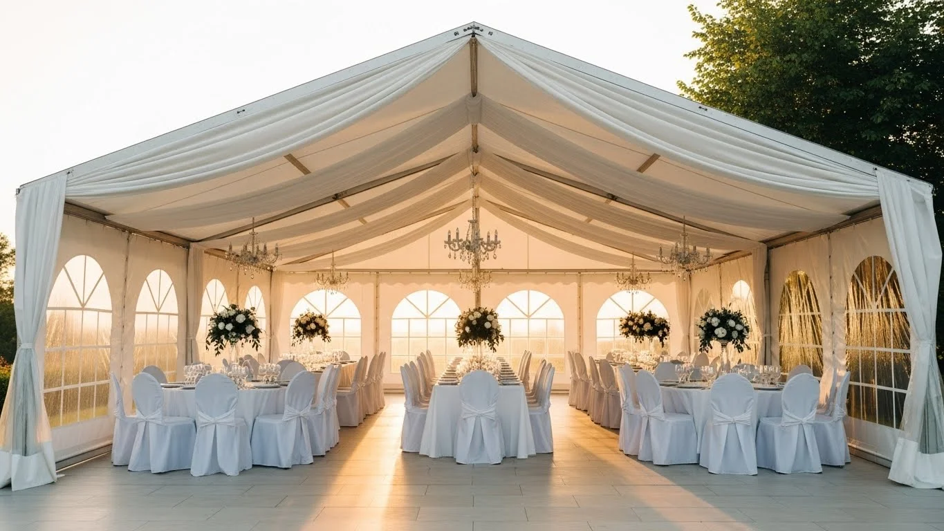 Carpa profesional EVENTECH con mobiliario premium en boda elegante