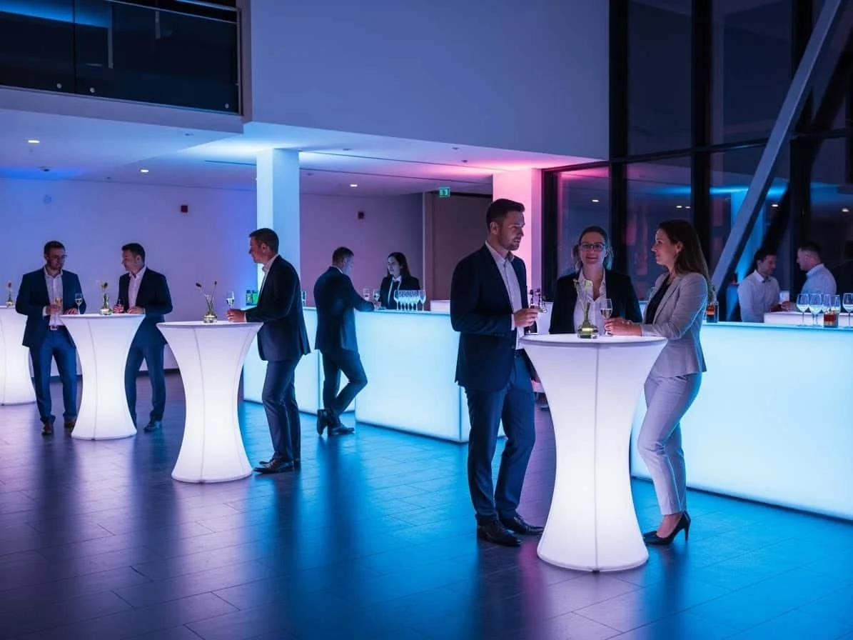 Coctel corporativo EVENTECH con mesas LED y iluminacion ambiental