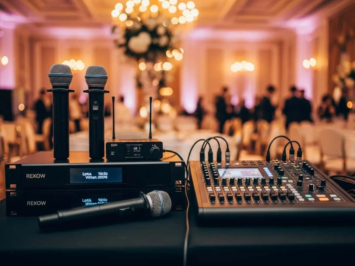 Equipo de audio profesional REDEIL JBL y QSC con microfonos y mezcladora en boda