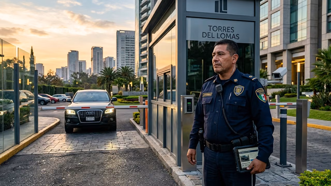 Oficial SEPRICO en control de acceso de condominio con bitacora